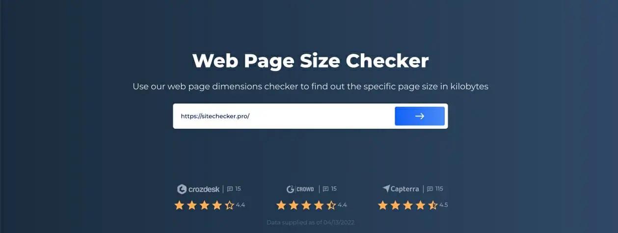 Die Sitechecker.pro Web Page Size Checker-Seite mit einem Beispiel URL