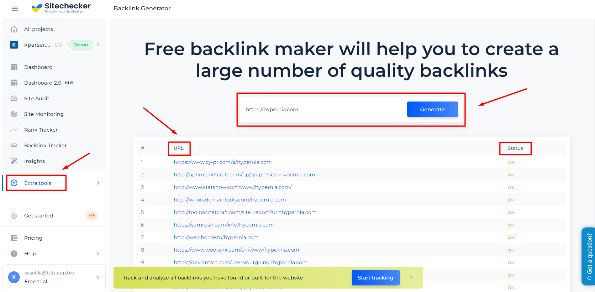 Resultados do gerador de backlinks