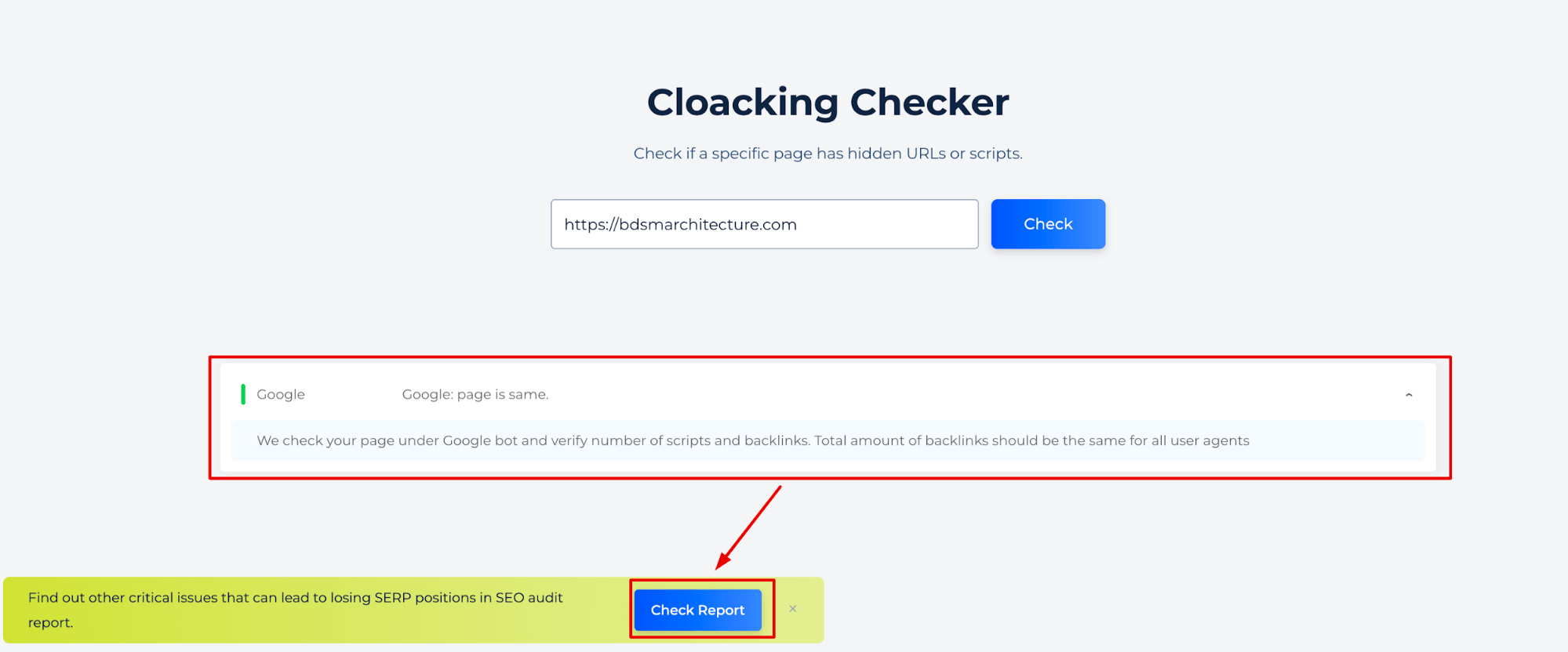 Website Cloaking Checker Results