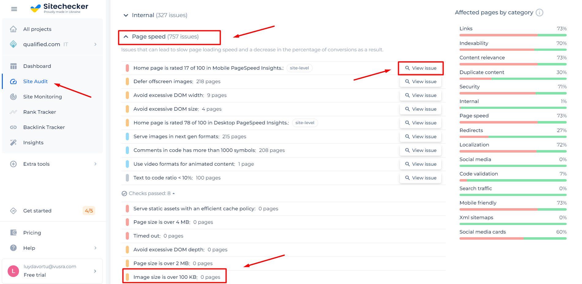 Site audit summary image sizes issues