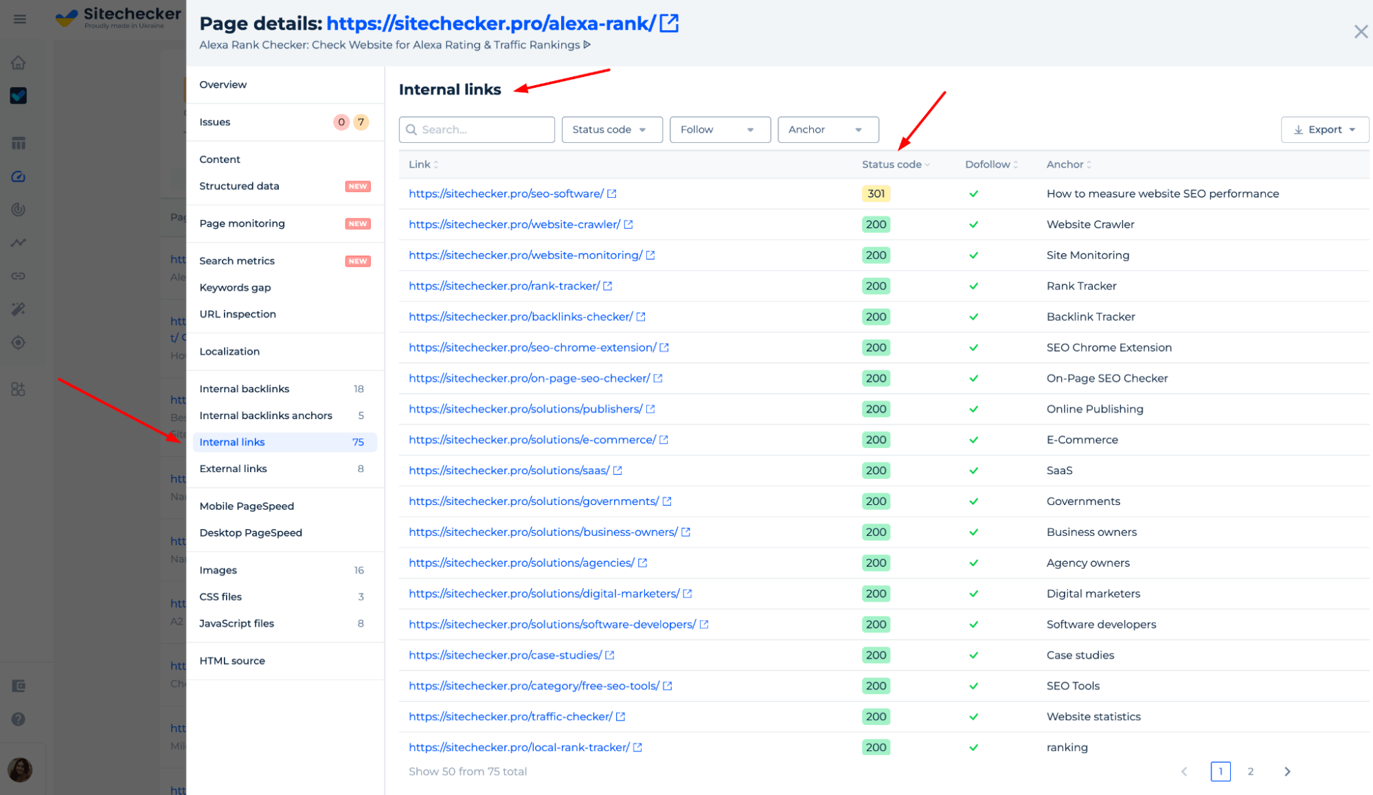 Internal Links Status Code