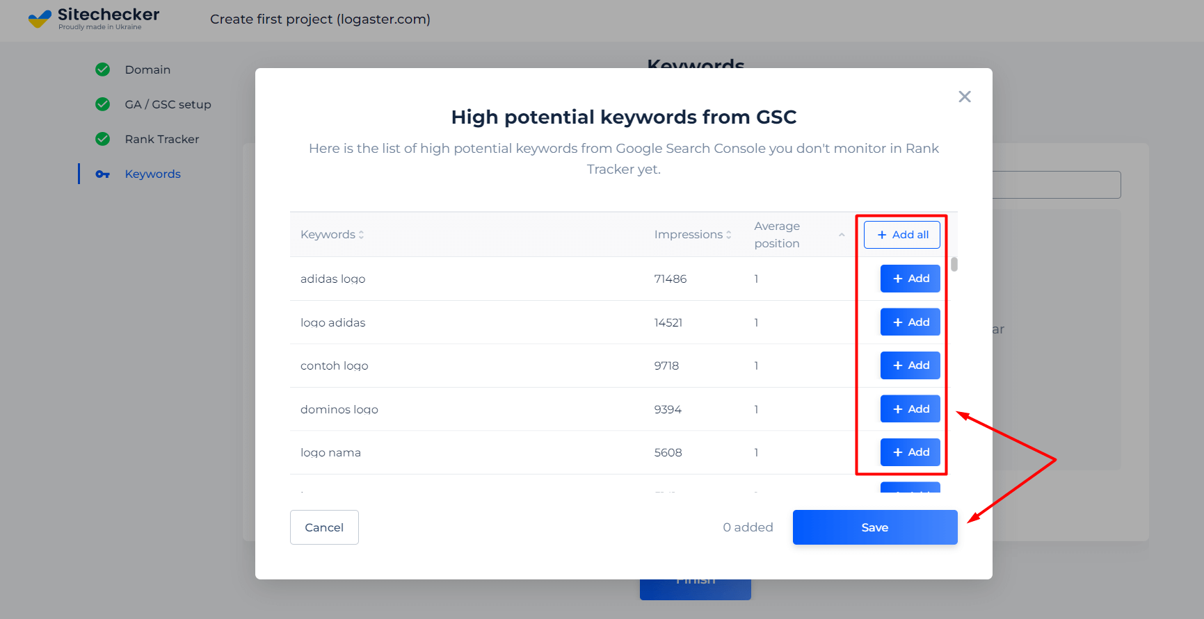 Add keywords from your GSC