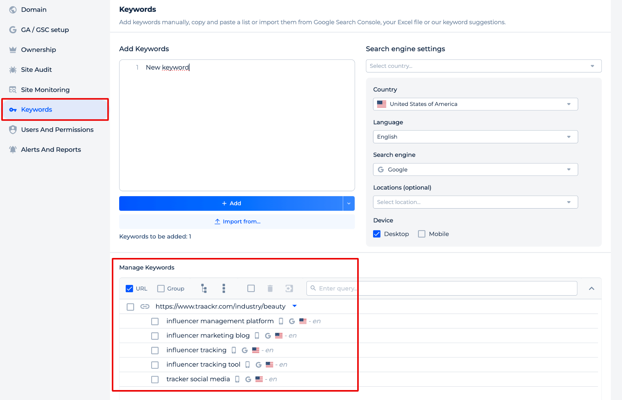 Keywords verwalten