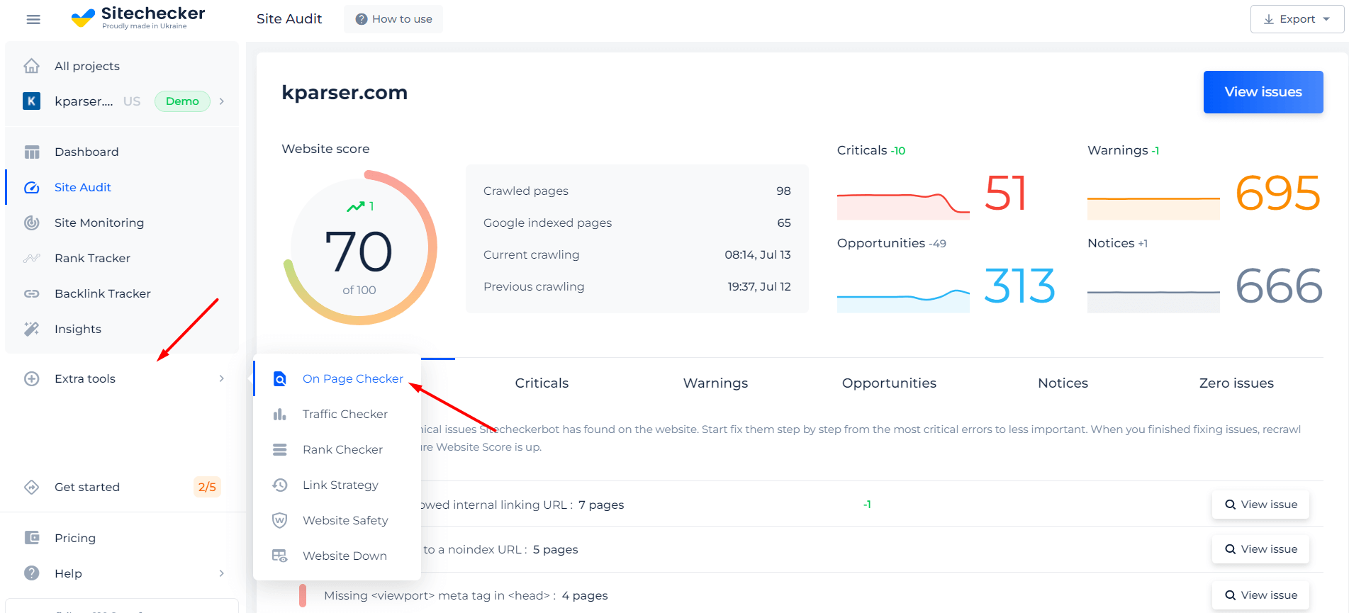 on page orphan page checker results