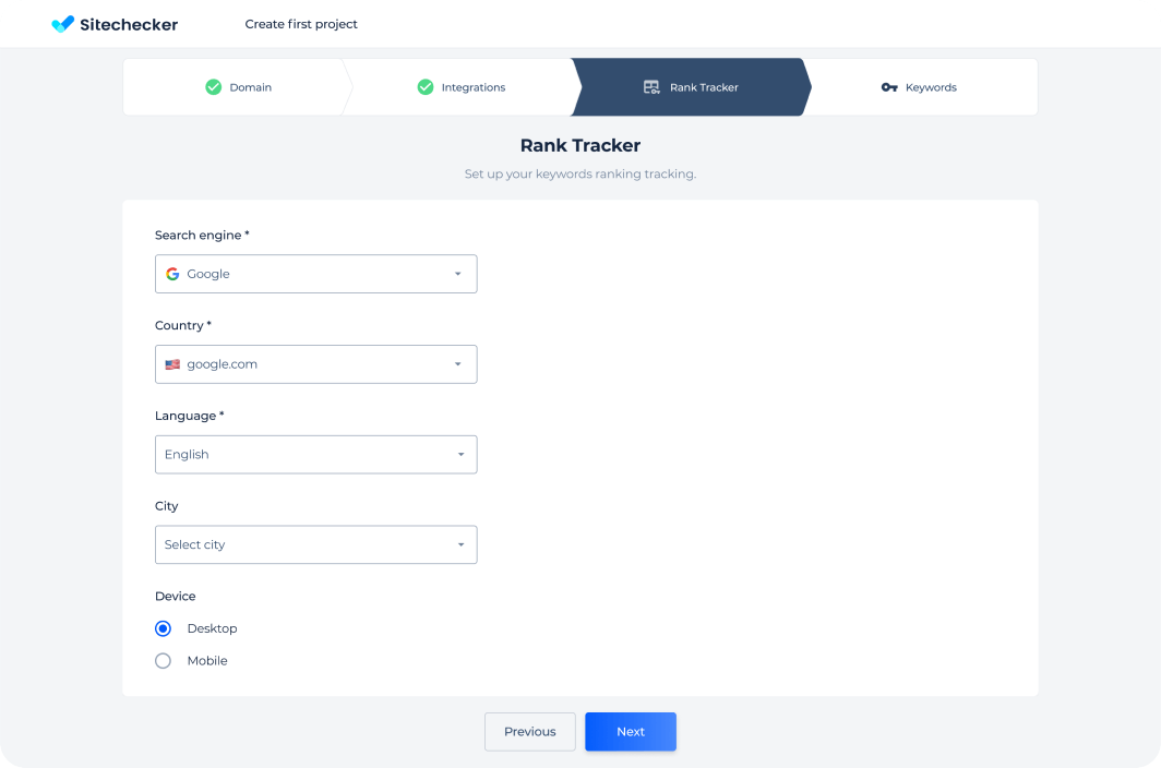 Rank tracker settings: search system, region, and language.