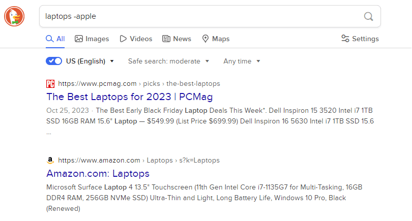 search page in duckduckgo