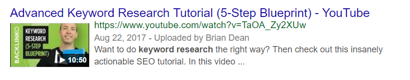 Video results in organic search